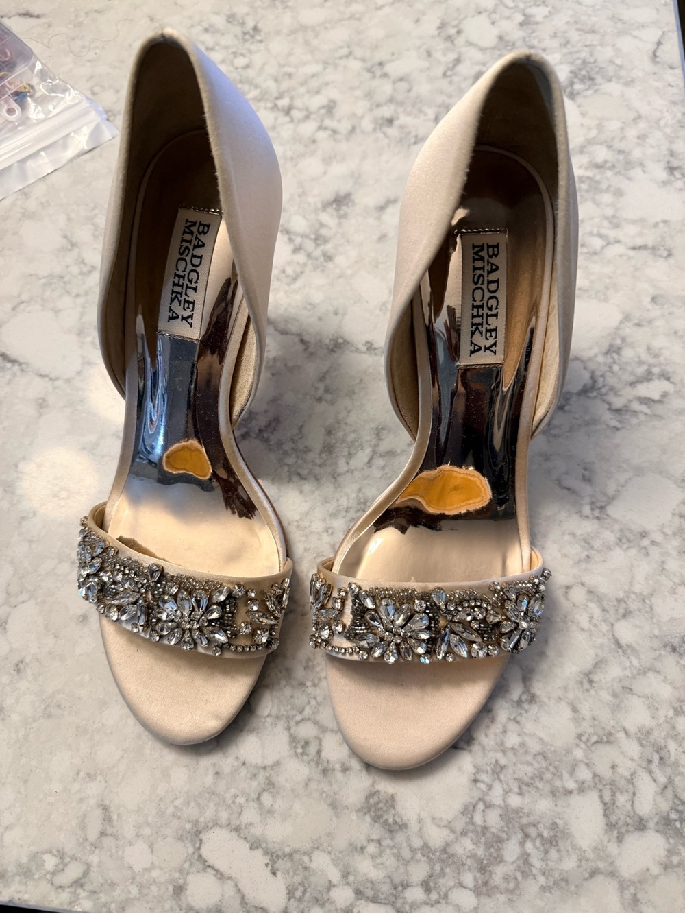 Badgley Mischka Champagne Satin Crystal-Embellished Open-Toe Heels